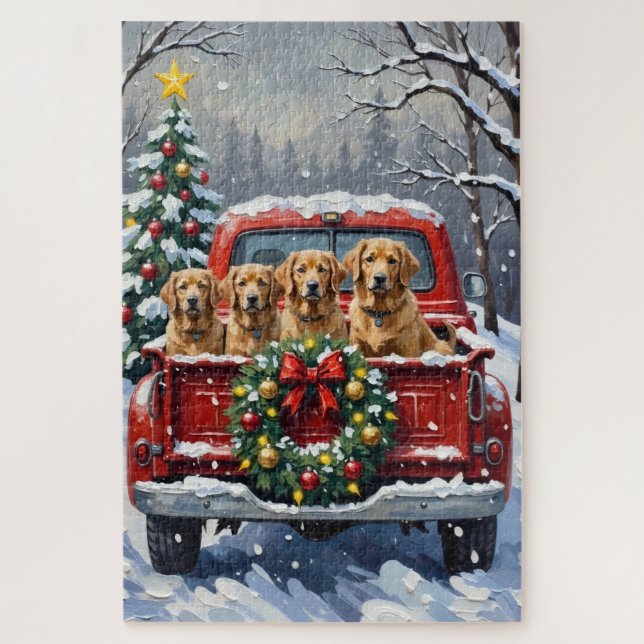 Finnish Lapphund Christmas Red Truck Holiday Jigsaw Puzzle (Vertical)