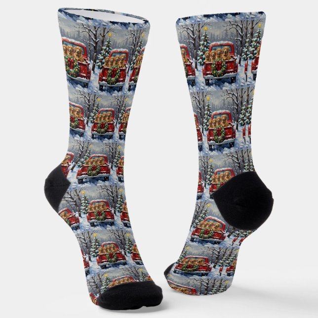 Finnish Lapphund Christmas Red Truck Holiday Socks (Angled)