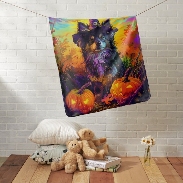 Finnish Lapphund Dog Halloween Witch And Pumpkin Baby Blanket (In Situ)