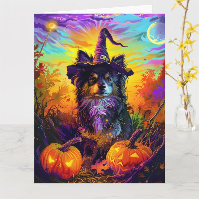 Finnish Lapphund Dog Halloween Witch And Pumpkin Card (Yellow Flower)