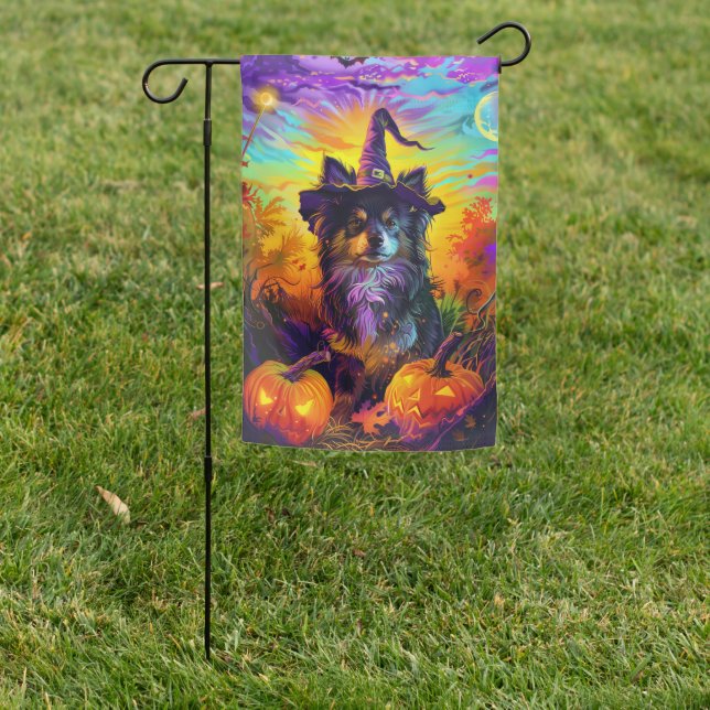 Finnish Lapphund Dog Halloween Witch And Pumpkin Garden Flag (In SItu)