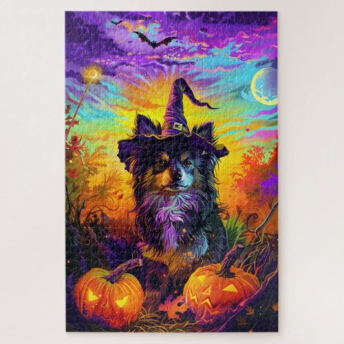 Finnish Lapphund Dog Halloween Witch And Pumpkin Jigsaw Puzzle