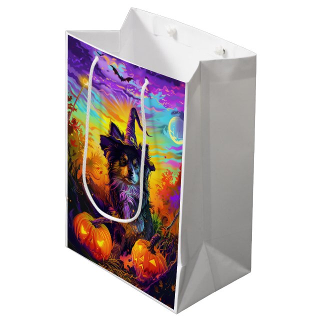 Finnish Lapphund Dog Halloween Witch And Pumpkin Medium Gift Bag (Front Angled)