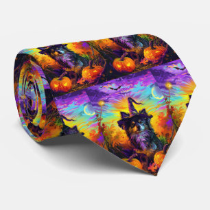 Finnish Lapphund Dog Halloween Witch And Pumpkin Neck Tie