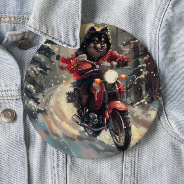 Finnish Lapphund Dog Riding Motorcycle Christmas  Button (In Situ)