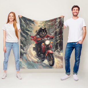 Finnish Lapphund Dog Riding Motorcycle Christmas Fleece Blanket