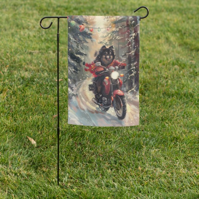 Finnish Lapphund Dog Riding Motorcycle Christmas  Garden Flag (In SItu)