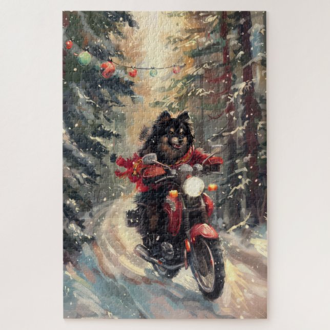 Finnish Lapphund Dog Riding Motorcycle Christmas  Jigsaw Puzzle (Vertical)