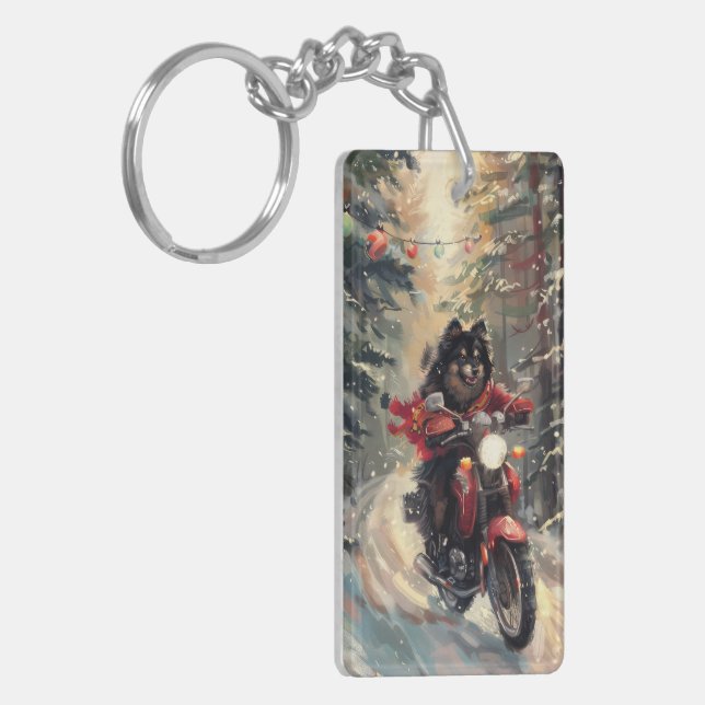 Finnish Lapphund Dog Riding Motorcycle Christmas  Keychain (Front Left)