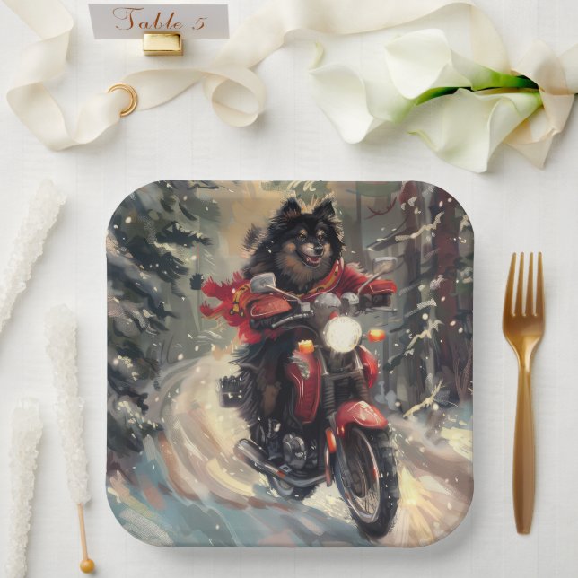 Finnish Lapphund Dog Riding Motorcycle Christmas  Paper Plates (Wedding)