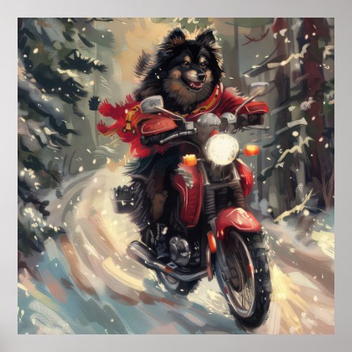 Finnish Lapphund Dog Riding Motorcycle Christmas  Poster