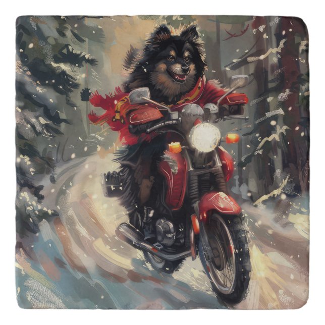 Finnish Lapphund Dog Riding Motorcycle Christmas  Trivet (Front)