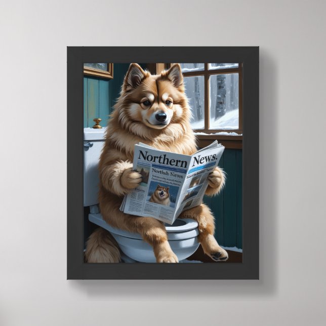 Finnish Lapphund Dog Sitting On Toilet Funny Framed Art (Framed Front)