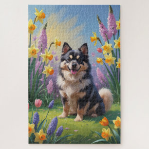 Finnish Lapphund Dog Spring Flowers Painting Jigsaw Puzzle