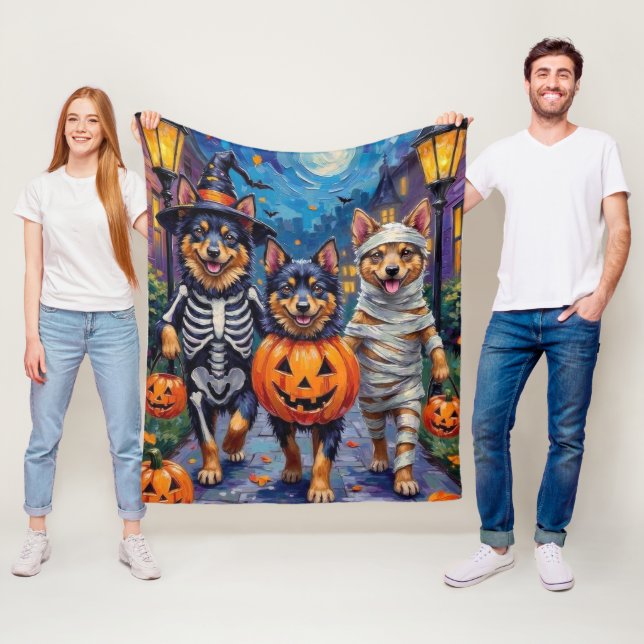 Finnish Lapphund Dogs Trick-or-Treating Halloween Fleece Blanket (In Situ)