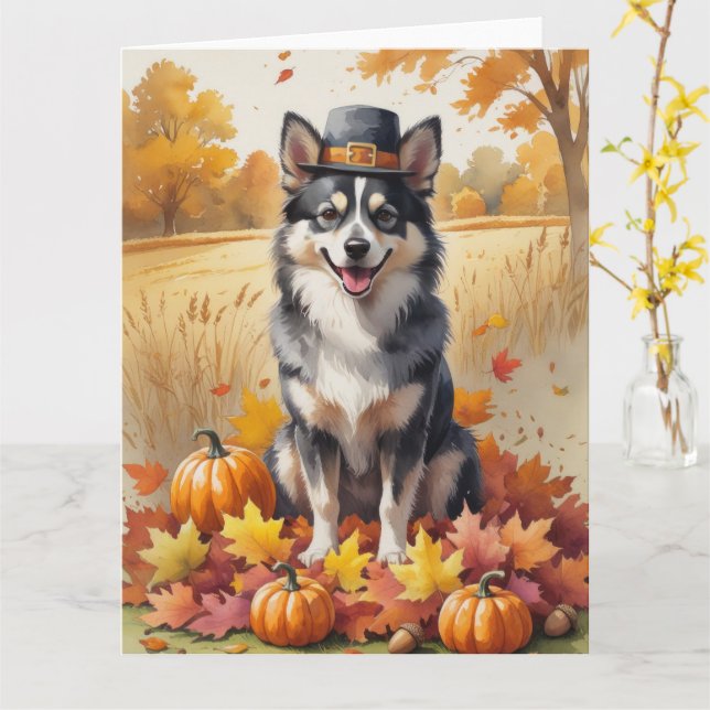 Finnish Lapphund In Autumn Leaves Thanksgiving Art Card (Yellow Flower)