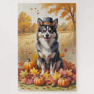 Finnish Lapphund In Autumn Leaves Thanksgiving Art Jigsaw Puzzle