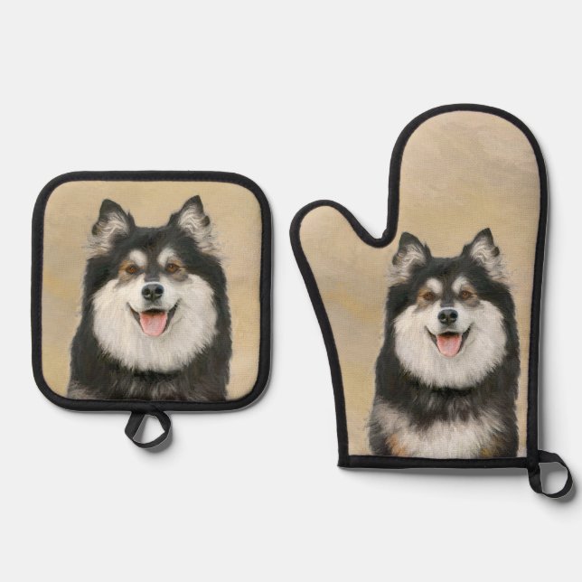 Finnish Lapphund Painting Black and Tan Dog Art Oven Mitt & Pot Holder Set (Front)