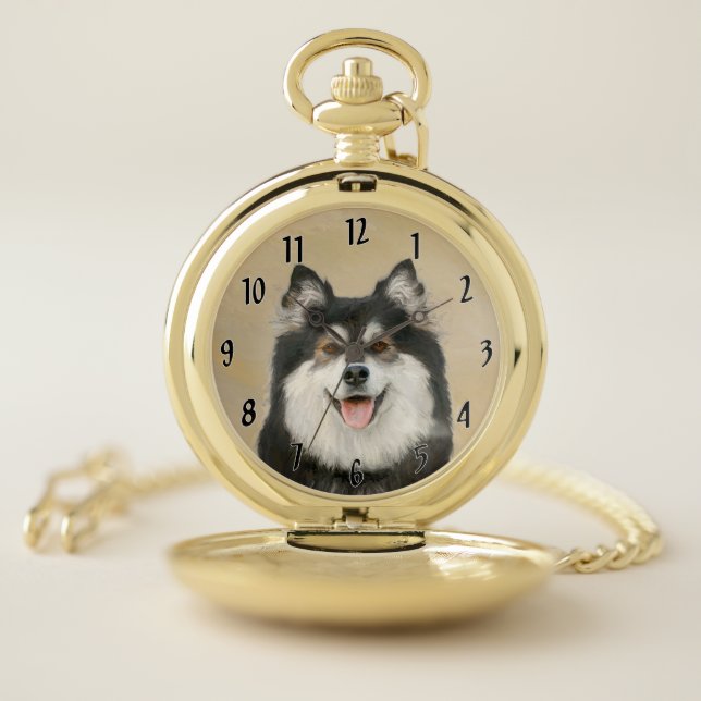 Finnish Lapphund Painting - Cute Original Dog Art Pocket Watch (Inside)