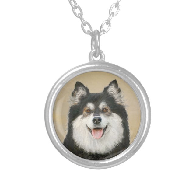Finnish Lapphund Painting - Cute Original Dog Art Silver Plated Necklace (Front)