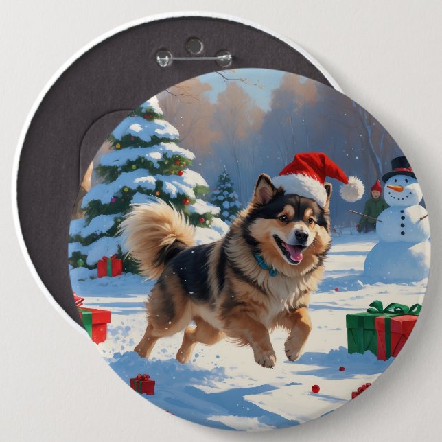 Finnish Lapphund Running Snow with Christmas Hat Button (Front & Back)
