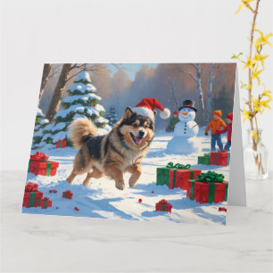 Finnish Lapphund Running Snow with Christmas Hat Card