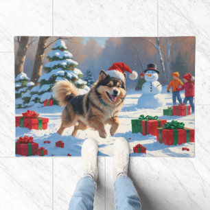 Finnish Lapphund Running Snow with Christmas Hat Doormat