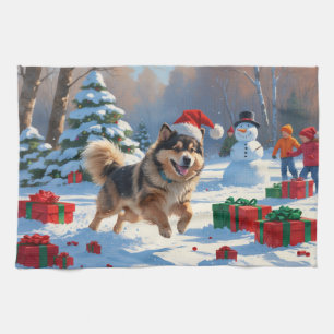 Finnish Lapphund Running Snow with Christmas Hat Kitchen Towel