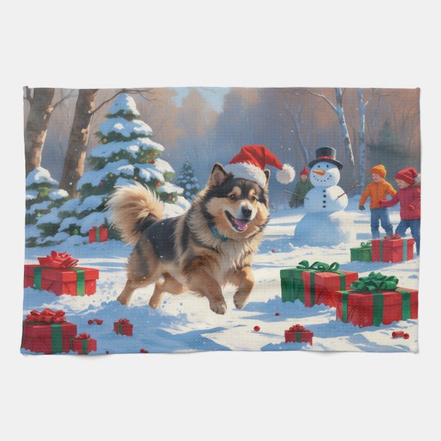 Finnish Lapphund Running Snow with Christmas Hat Kitchen Towel (Horizontal)