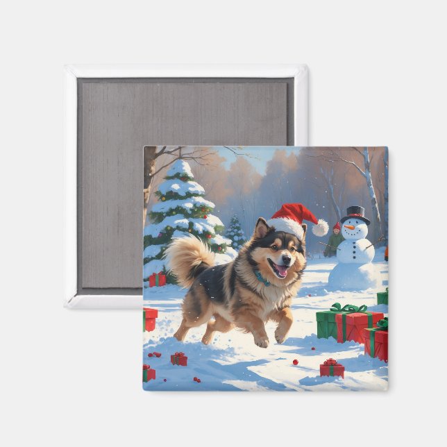 Finnish Lapphund Running Snow with Christmas Hat Magnet (Front/Back)