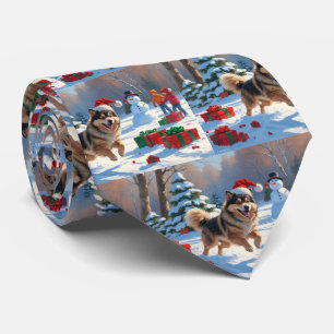 Finnish Lapphund Running Snow with Christmas Hat Neck Tie