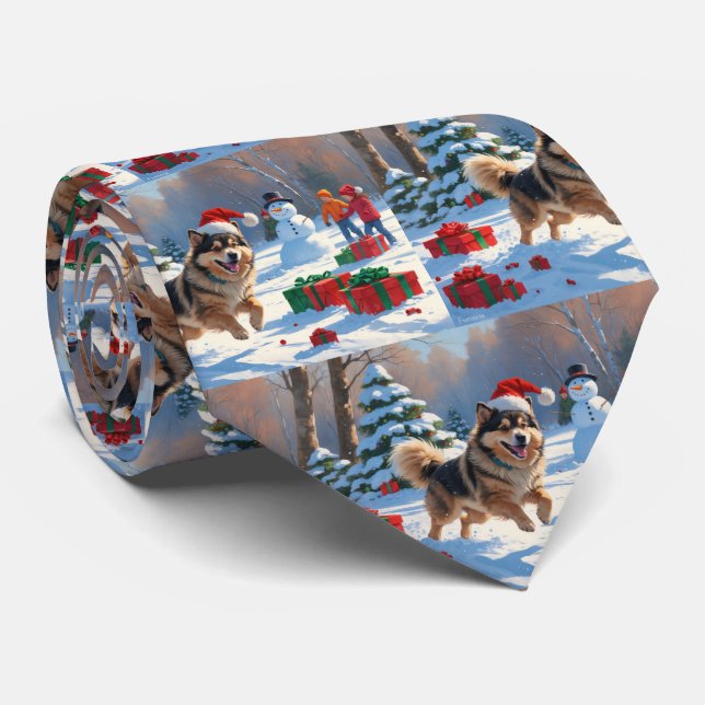 Finnish Lapphund Running Snow with Christmas Hat Neck Tie (Rolled)