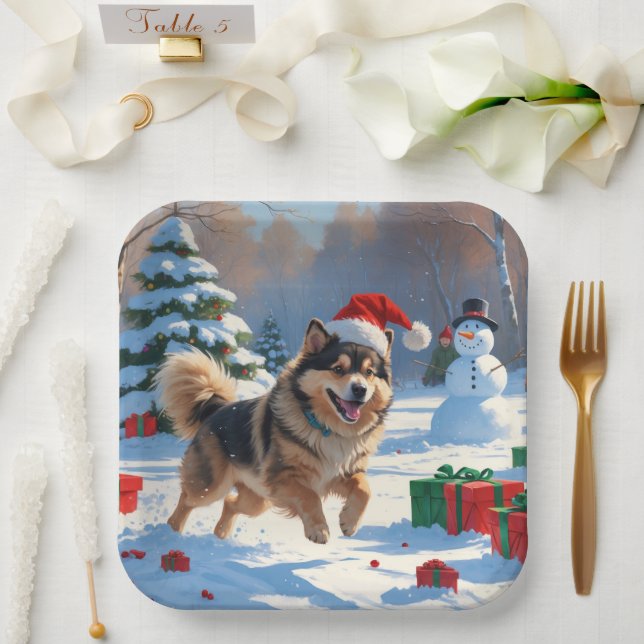 Finnish Lapphund Running Snow with Christmas Hat Paper Plates (Wedding)