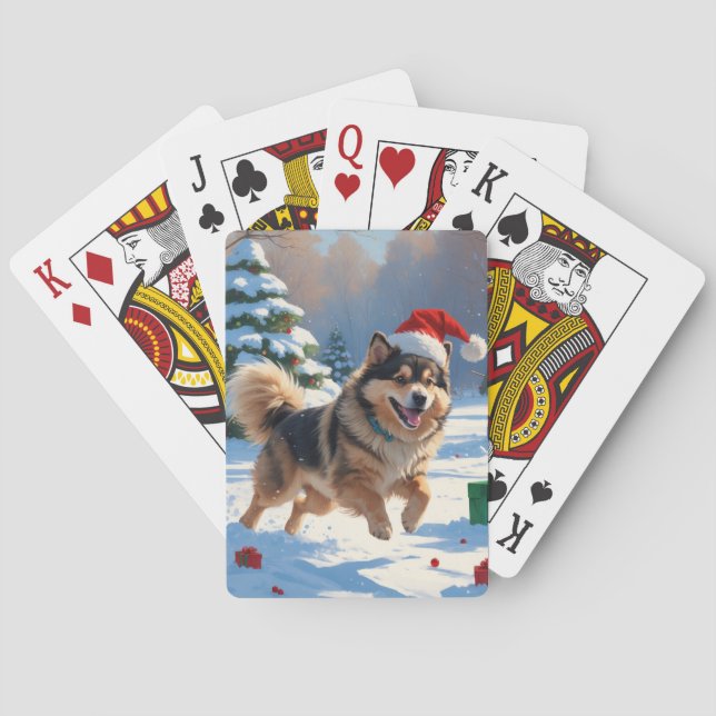Finnish Lapphund Running Snow with Christmas Hat Poker Cards (Back)