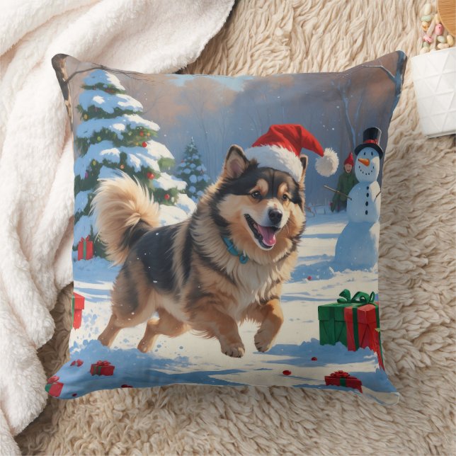 Finnish Lapphund Running Snow with Christmas Hat Throw Pillow (Blanket)