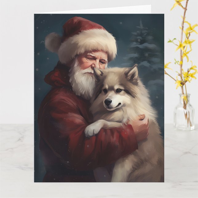 Finnish Lapphund Santa Claus Festive Christmas Card (Yellow Flower)