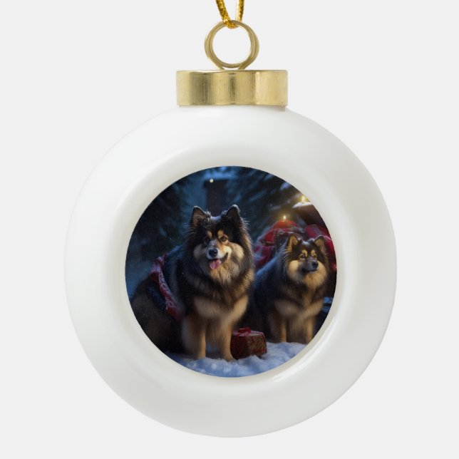 Finnish Lapphund Snowy Sleigh Christmas Decor  Ceramic Ball Christmas Ornament (Front)