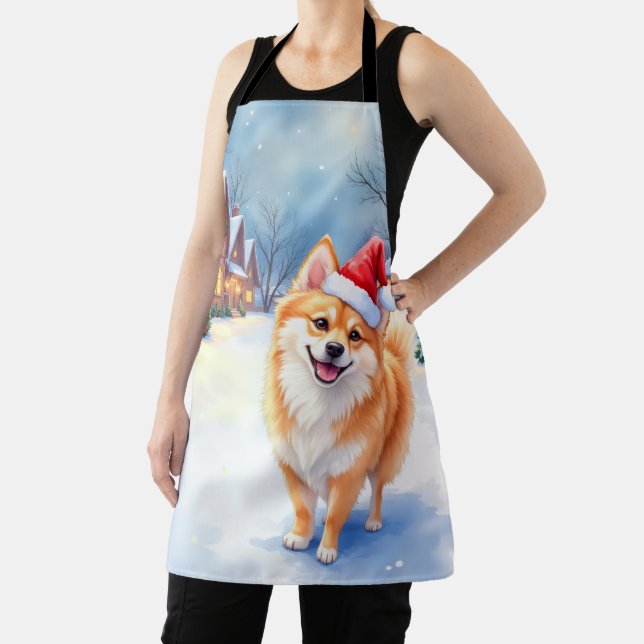 Finnish Lapphund Snowy Village Santa Hat Christmas Apron (Insitu)