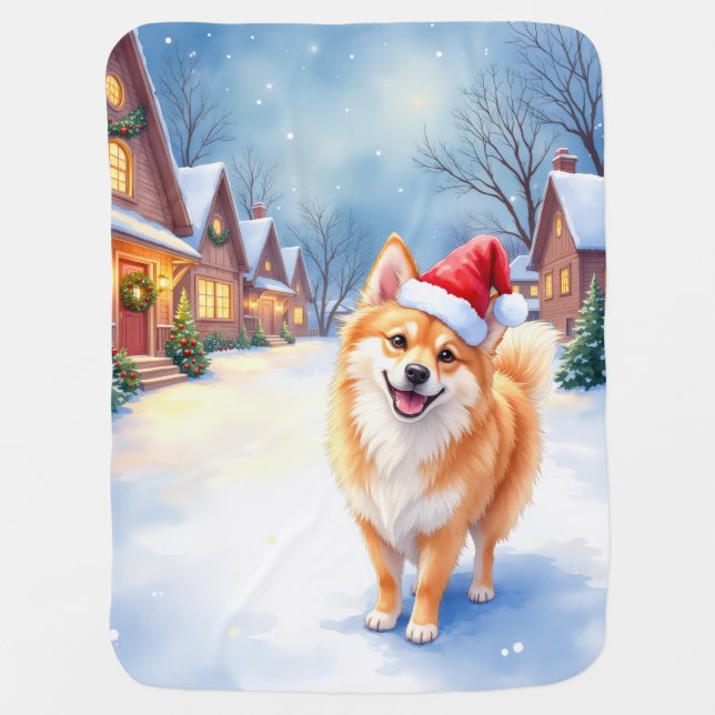 Finnish Lapphund Snowy Village Santa Hat Christmas Baby Blanket (Front)