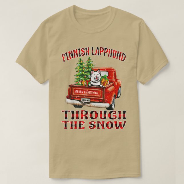 Finnish Lapphund Through The Snow Christmas Truck  T-Shirt (Design Front)