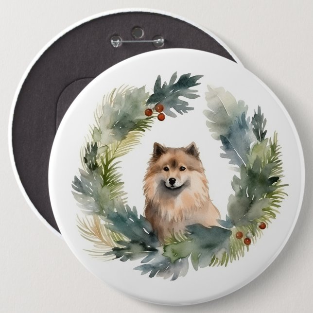 Finnish lappund Christmas Wreath Festive Pup Button (Front & Back)