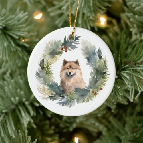 Finnish lappund Christmas Wreath Festive Pup Ceramic Ornament