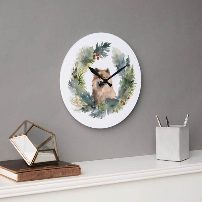 Finnish lappund Christmas Wreath Festive Pup Large Clock (Office)
