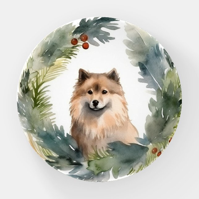 Finnish lappund Christmas Wreath Festive Pup Paperweight (Front)