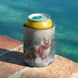 Finnish Lappund Dog in Snow Christmas Can Cooler
