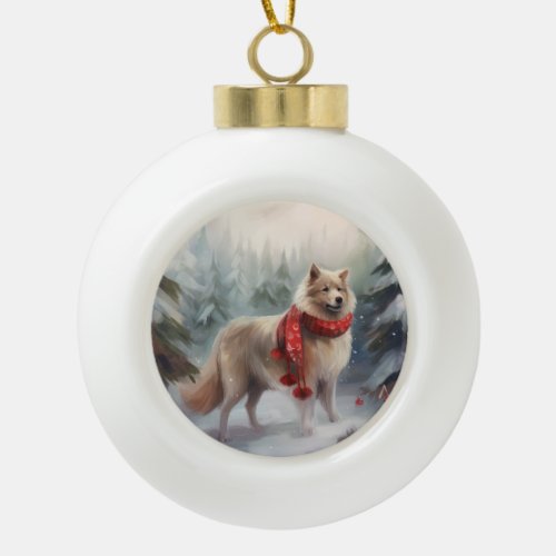 Finnish Lappund Dog in Snow Christmas  Ceramic Ball Christmas Ornament