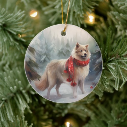 Finnish Lappund Dog in Snow Christmas  Ceramic Ornament