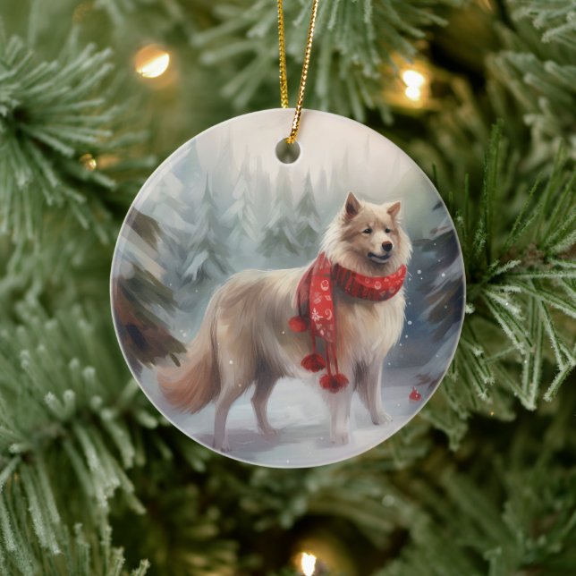 Finnish Lappund Dog in Snow Christmas  Ceramic Ornament (Tree)