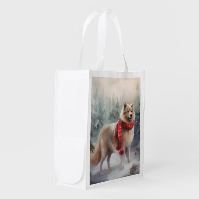 Finnish Lappund Dog in Snow Christmas  Grocery Bag (Front Side)