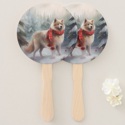 Finnish Lappund Dog in Snow Christmas  Hand Fan